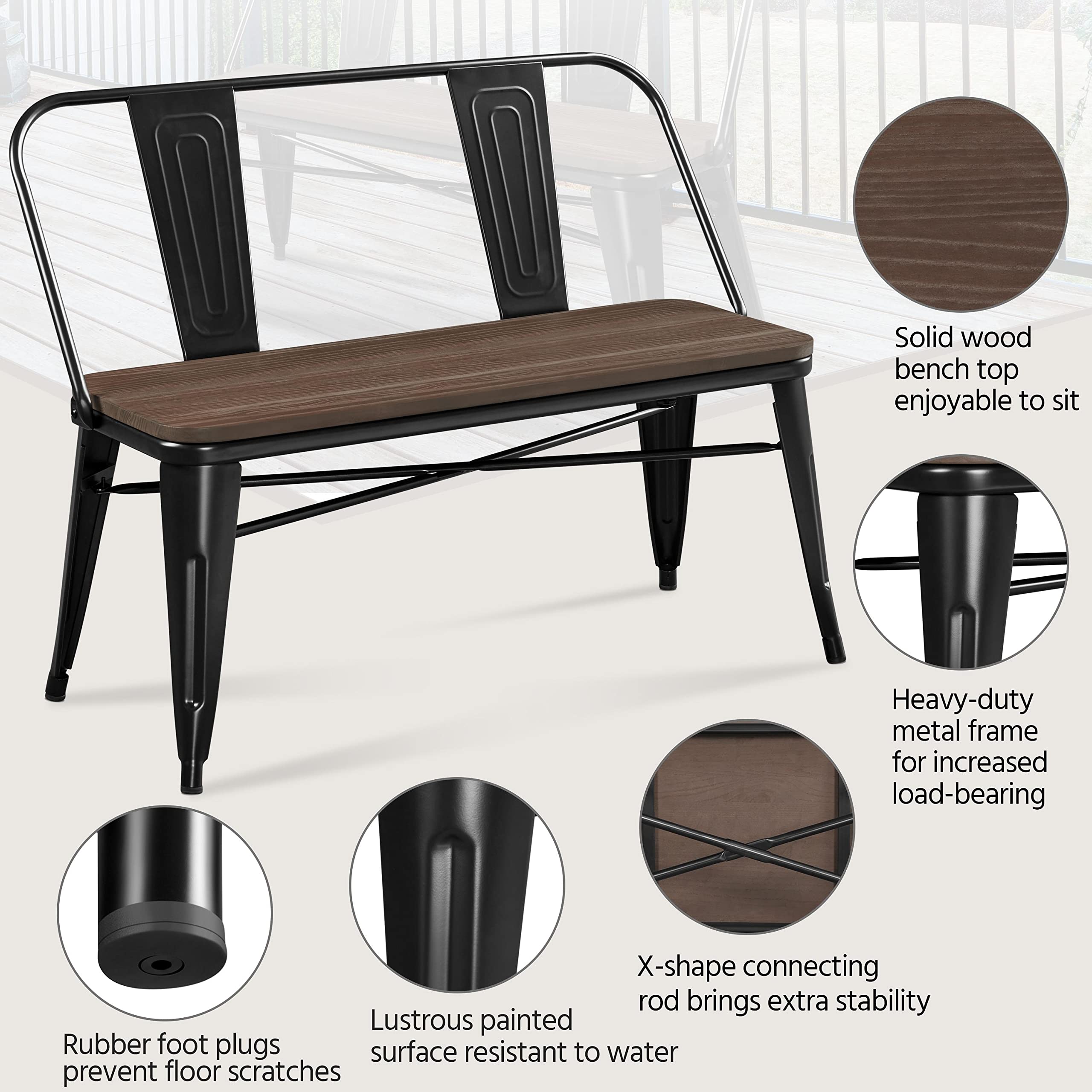 Industrial Metal Bench Mid-Century 3 Person Chair Dining Room Long Bench