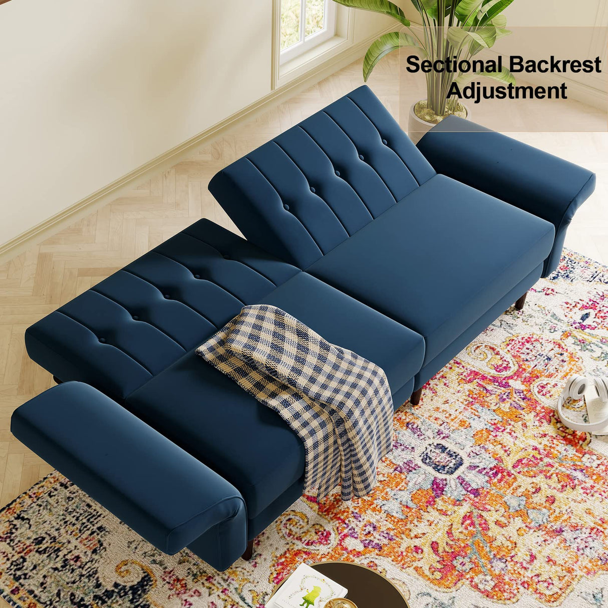 Velvet Convertible Futon Sofa Bed Memory Foam Futon Couch Sleeper Sofa Blue