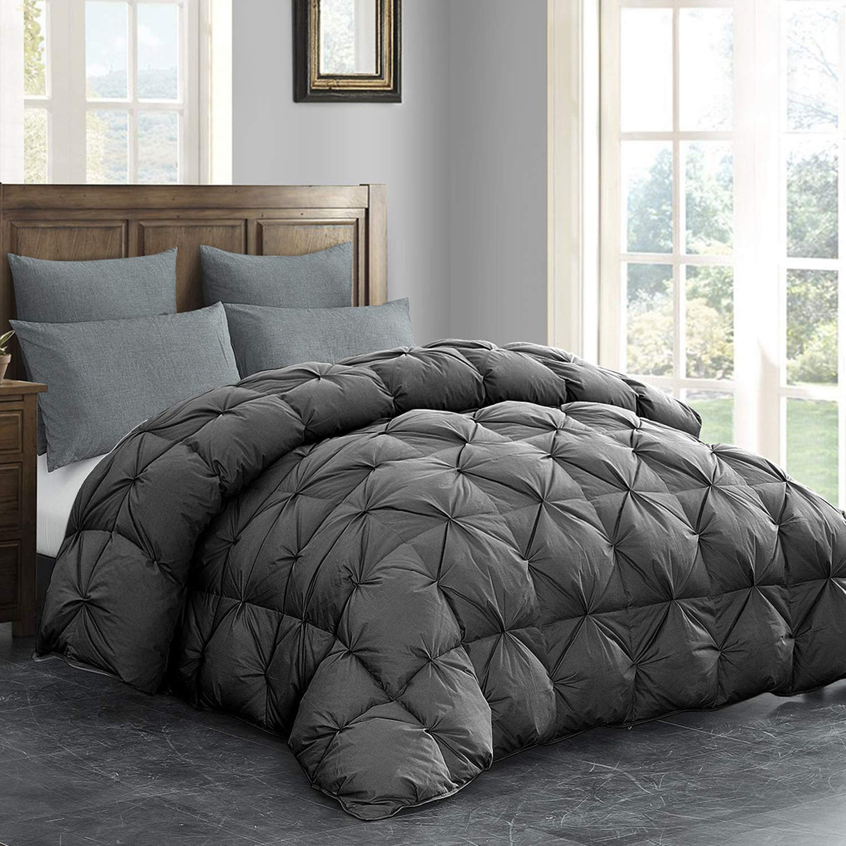 Oversized King Feather and Down Comforter, Grey Pinch Pleat Thick Duvet Insert