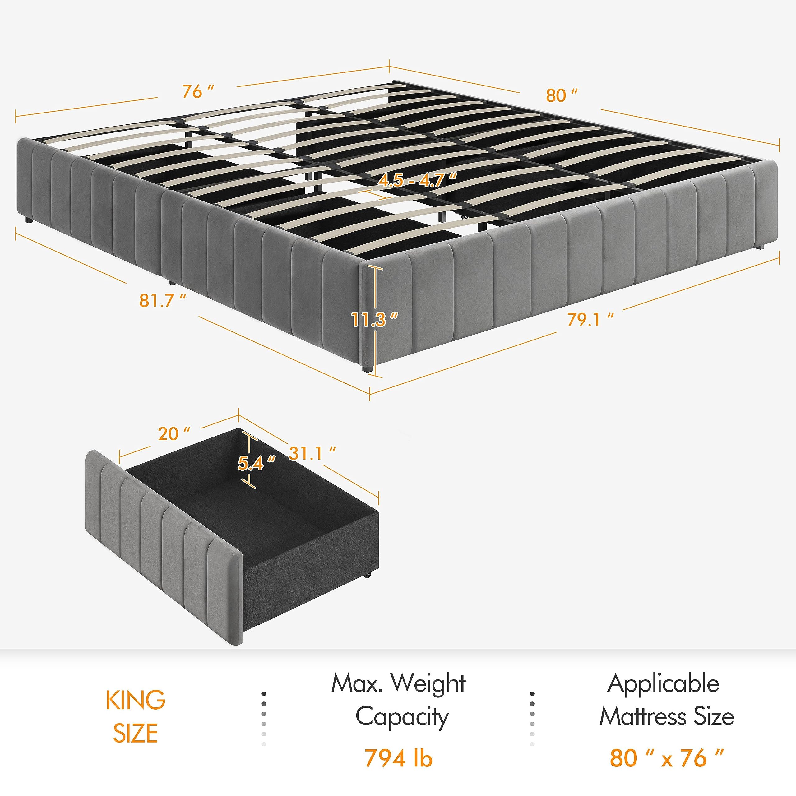 King Bed Frame with Storage – Upholstered Platform Bed with Drawers