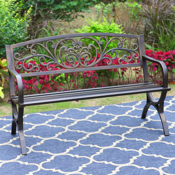 50 Inches Outdoor Garden Bench,Cast Iron Metal Frame Patio Park Bench with Floral Pattern