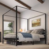 Metal Four Poster Canopy Bed Frame 14 Inch Platform with Built-in Headboard Strong