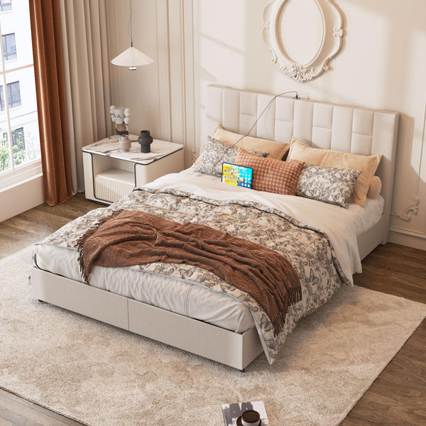 King Size Bed Frame with 4 Storage Drawers, Upholstered Platform Bed Frame