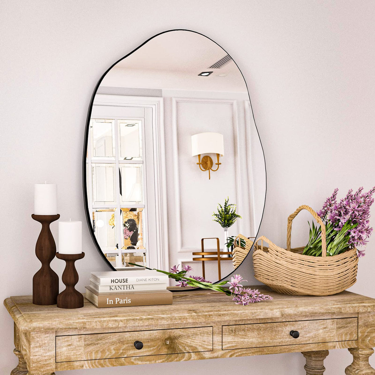 Irregular Wall Mirror Black Asymmetrical Bathroom Mirror Wood Framed Modern Decorative Vanity Mirrors