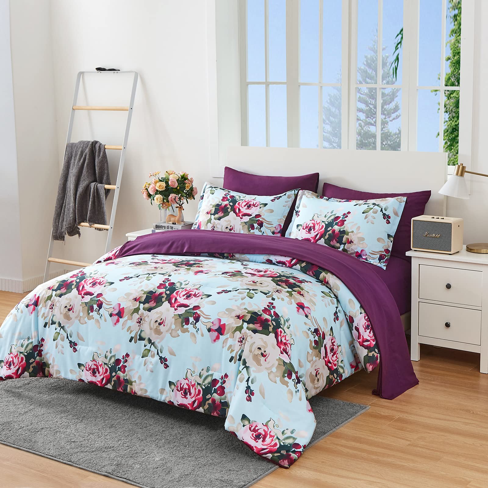 7 Piece Bed in a Bag, Floral Comforter Set Queen Size, Watercolor Blooms Print Design
