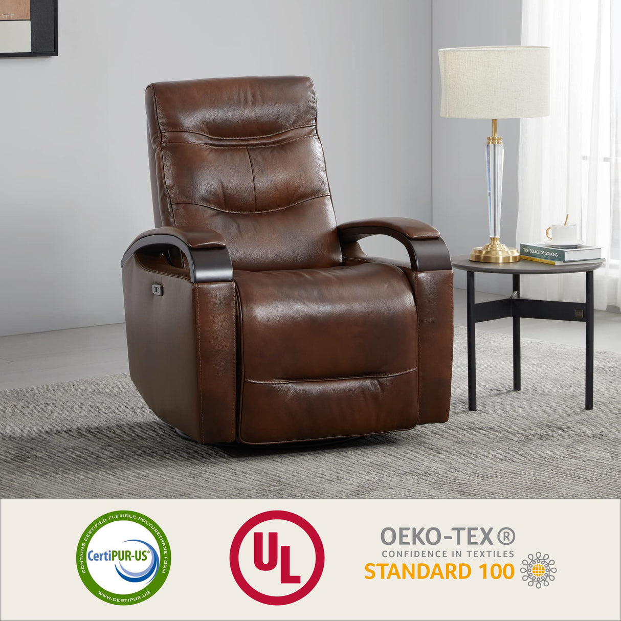 Genuine Leather Power Swivel Glider Rocker Recliner, USB Charge Power Headrest Wooden Contrast