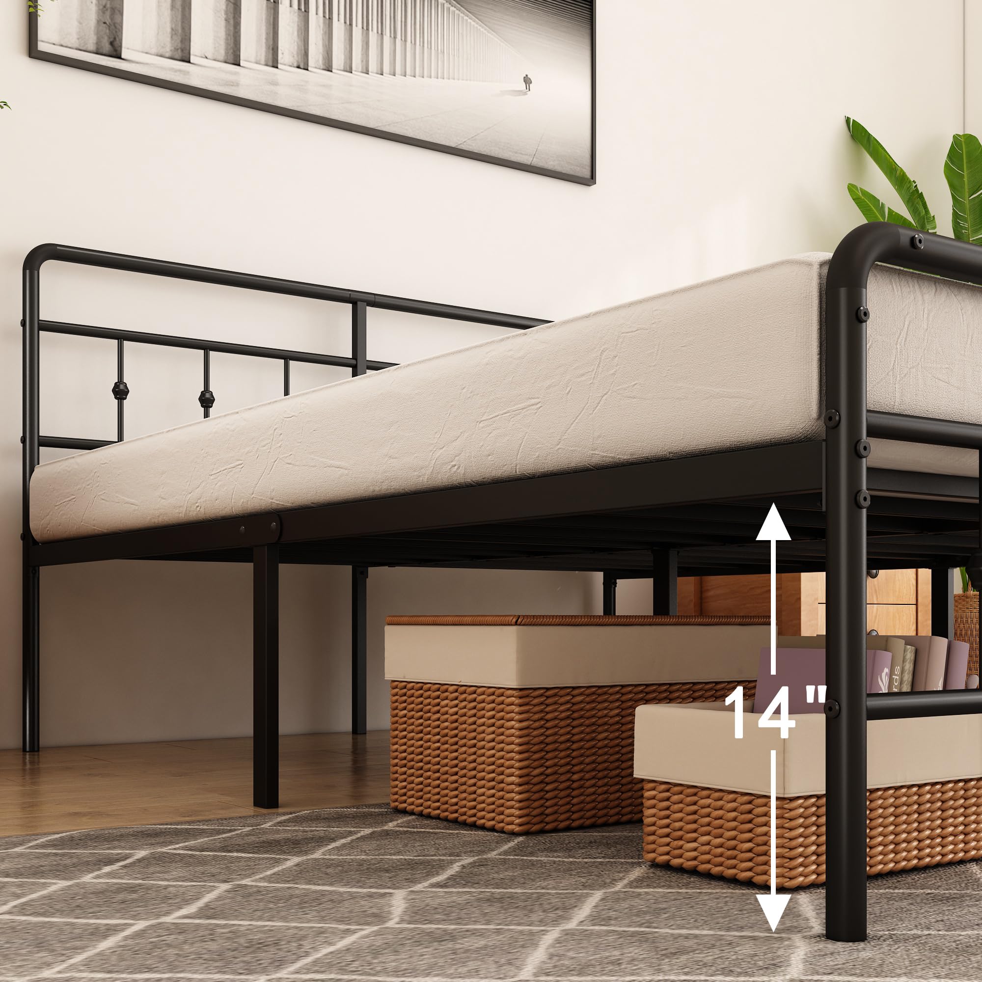 Queen Metal Bed Frame with Vintage Headboard and Footboard, Victorian Style Platform Bed Frame