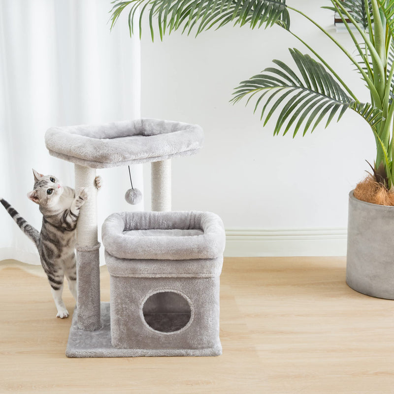 Cat Tree, Small Cat Tower with Dangling Ball and Perch Light Gray