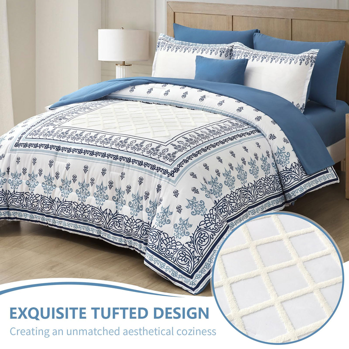 8 Pieces Blue Floral White Tufted Bedding Bed in a Bag Sets