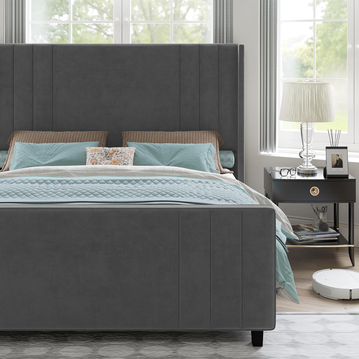 King Size Bed Frame, Velvet Upholstered Platform Bed with Vertical Channel Tufted