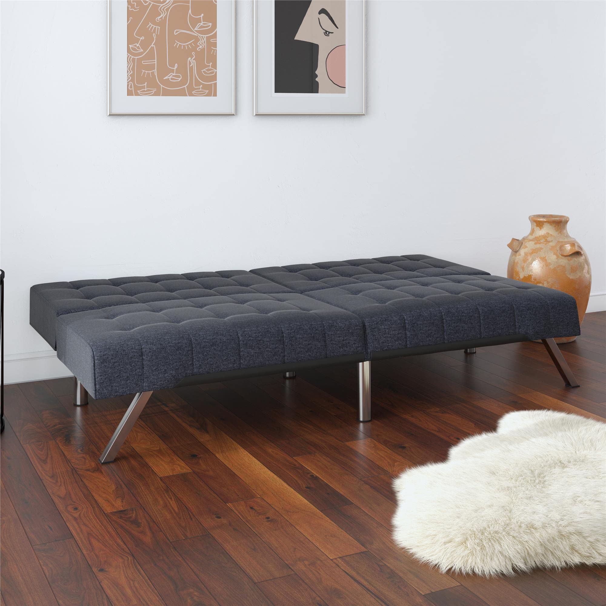 Emily Futon With Chrome Legs, Navy Linen