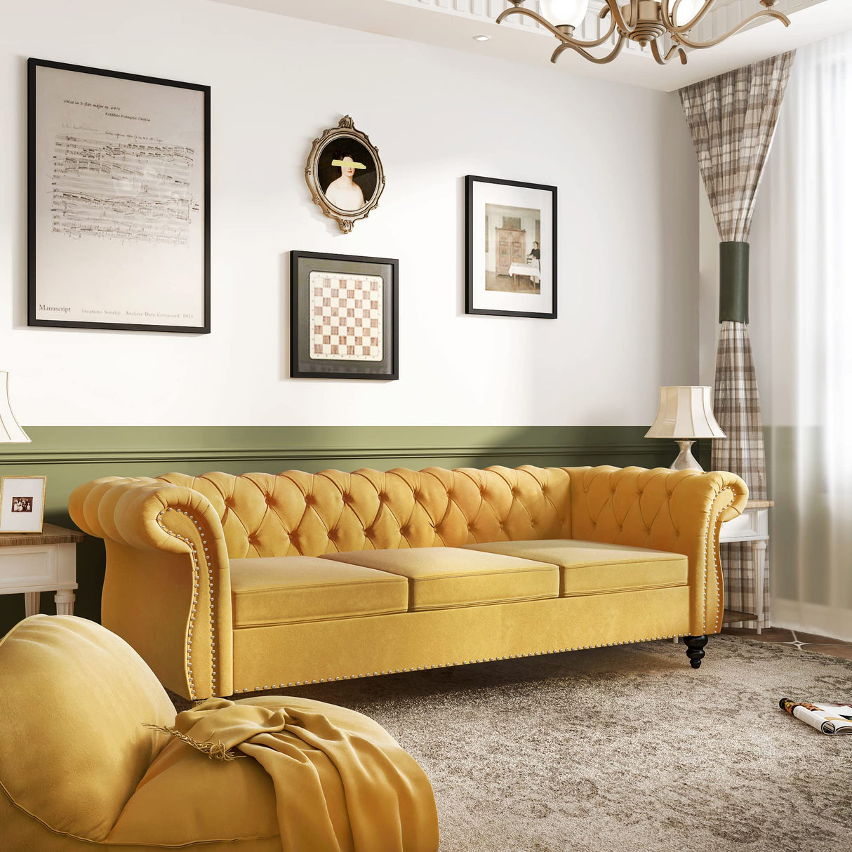 Modern Tufted Couch 3 Seater with Rolled Arms and Nailhead