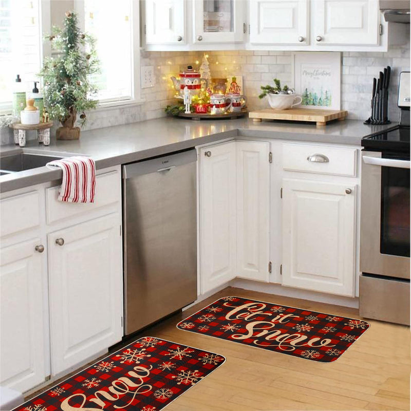 Christmas Kitchen Rug Sets 2 Piece Let It Snow Christmas Plaid Waterproof Non-Slip Kitchen Mats