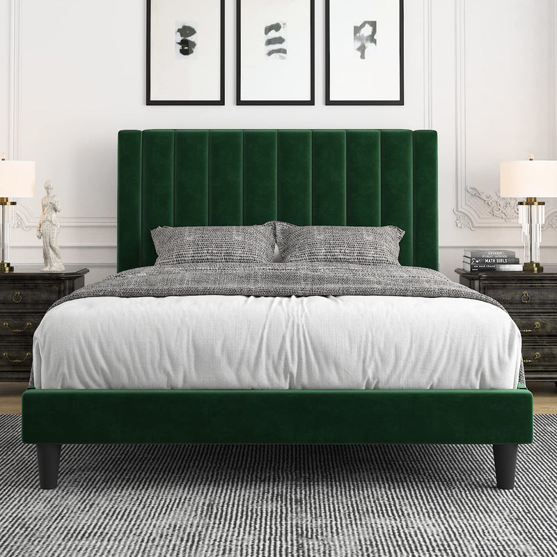 Queen Bed Frame/Velvet Upholstered Bed Frame with Vertical Channel Tufted Headboard