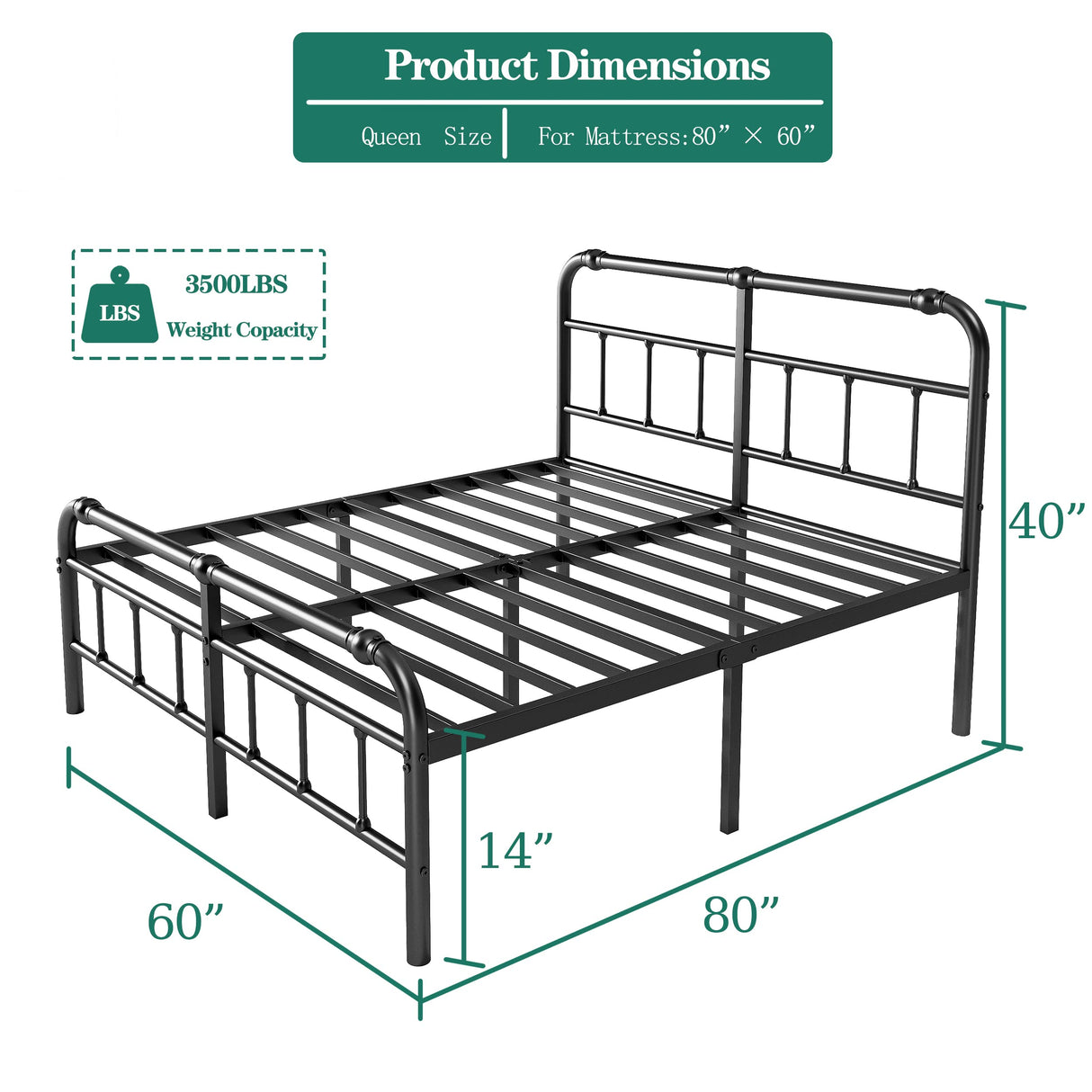 14 INCH High Queen Size Metal Bed Frame No Box Spring Needed Platform