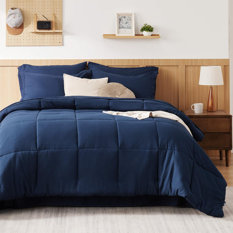 Navy King Comforter Set - 7 Pieces Solid King Bed in a Bag