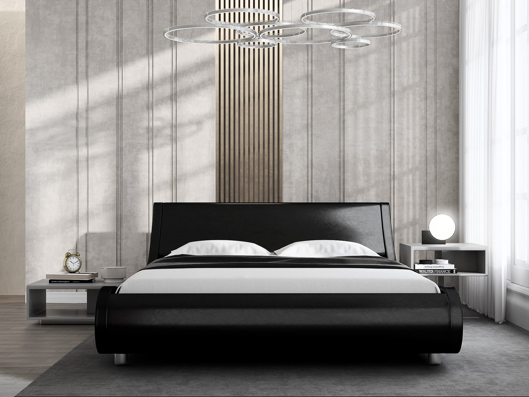 Upholstered King Size Platform Bed Frame Modern Low Profile Sleigh Bed