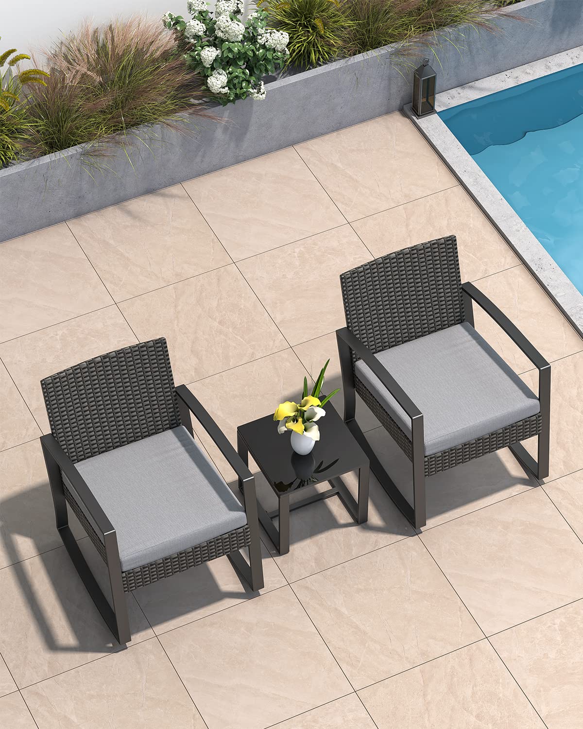 3 Pieces Wicker Patio Furniture Set, Outdoor Rocking Chair Sets with Cushion, Porch