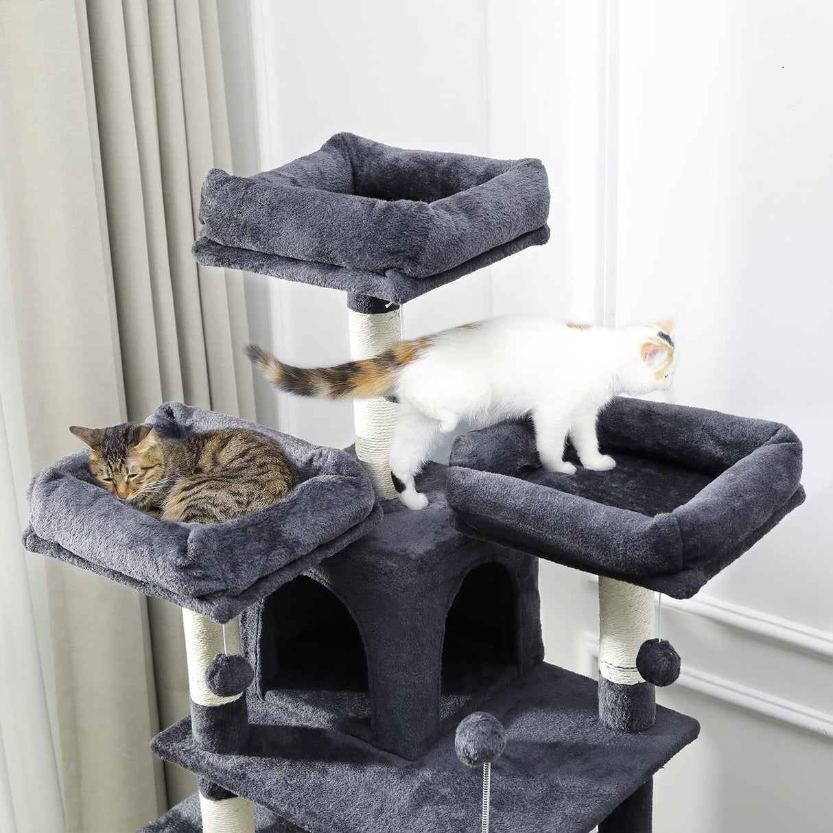 67" Large Cat Tree, Multi-Level Cat Tower with 3 Top Perches, 2 High Plush Condos