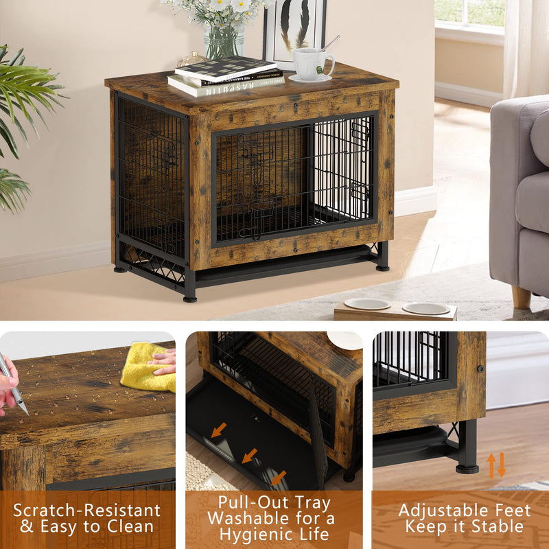 Wooden Dog Crate Furniture with 3 Doors, Dog Crate End Table with Tray
