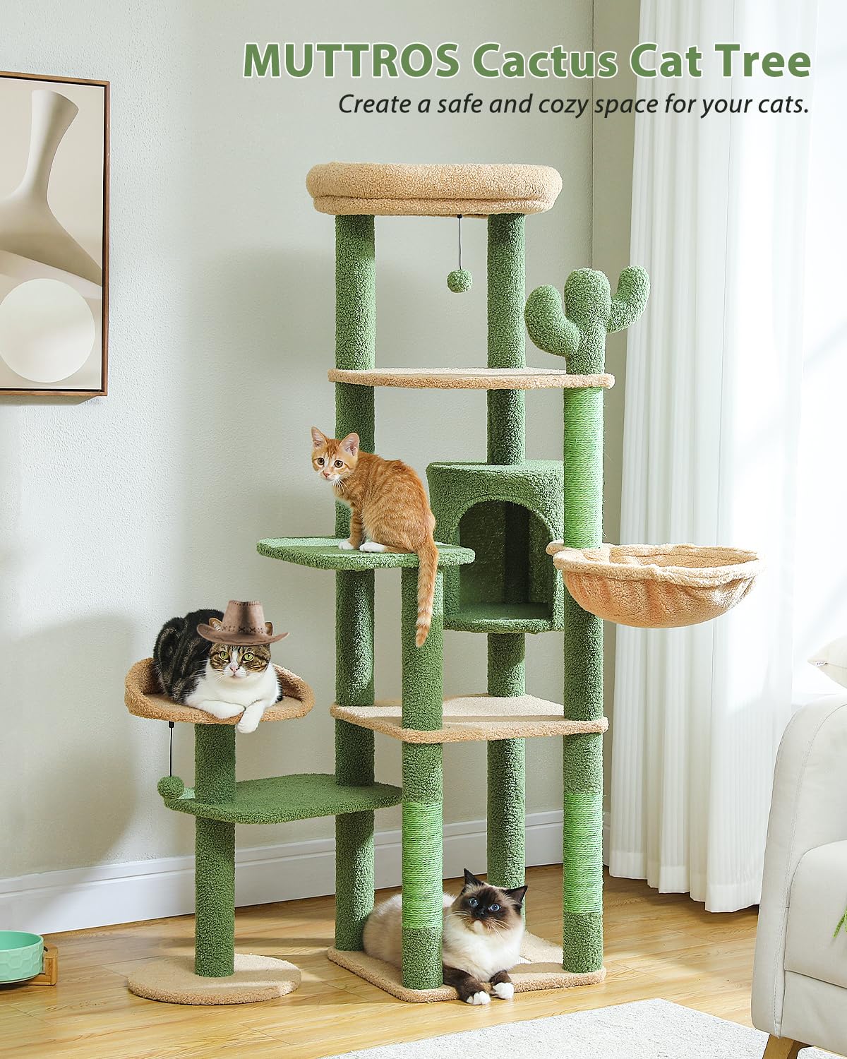 Cactus Cat Tree, Tall Cat Tree for Large Cat, Multi-Level Cat Tower