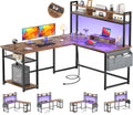 L Shaped Desk with Power Outlet & LED Strip, Reversible L-Shaped Corner Computer Desks