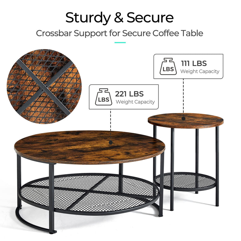 Round Coffee Table and End Table Set for Living Room, Industrial Coffee Table with Open Storage