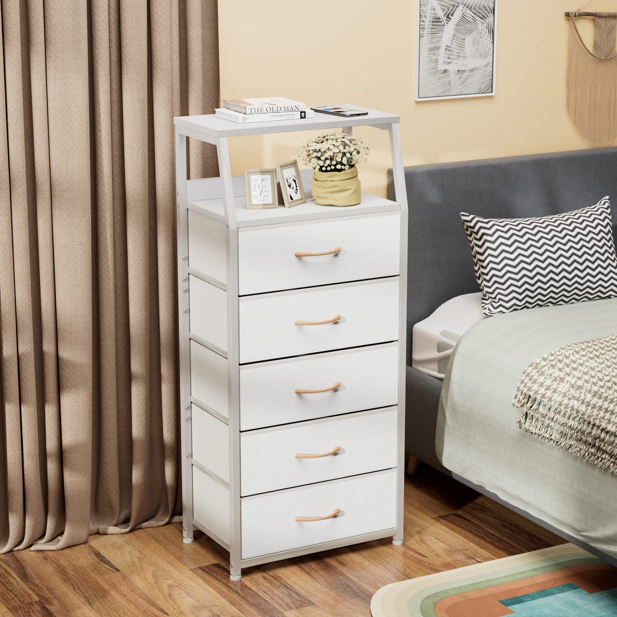 White Dresser with 5 Drawers, Vertical Storage Tower Fabric Dresser for Bedroom