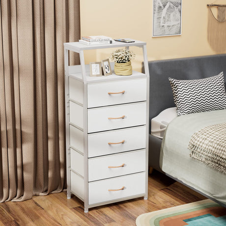 White Dresser with 5 Drawers, Vertical Storage Tower Fabric Dresser for Bedroom