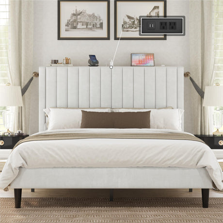 Full Size Bed Frame, Velvet Upholstered Platform Bed with Channel Tufted Headboard