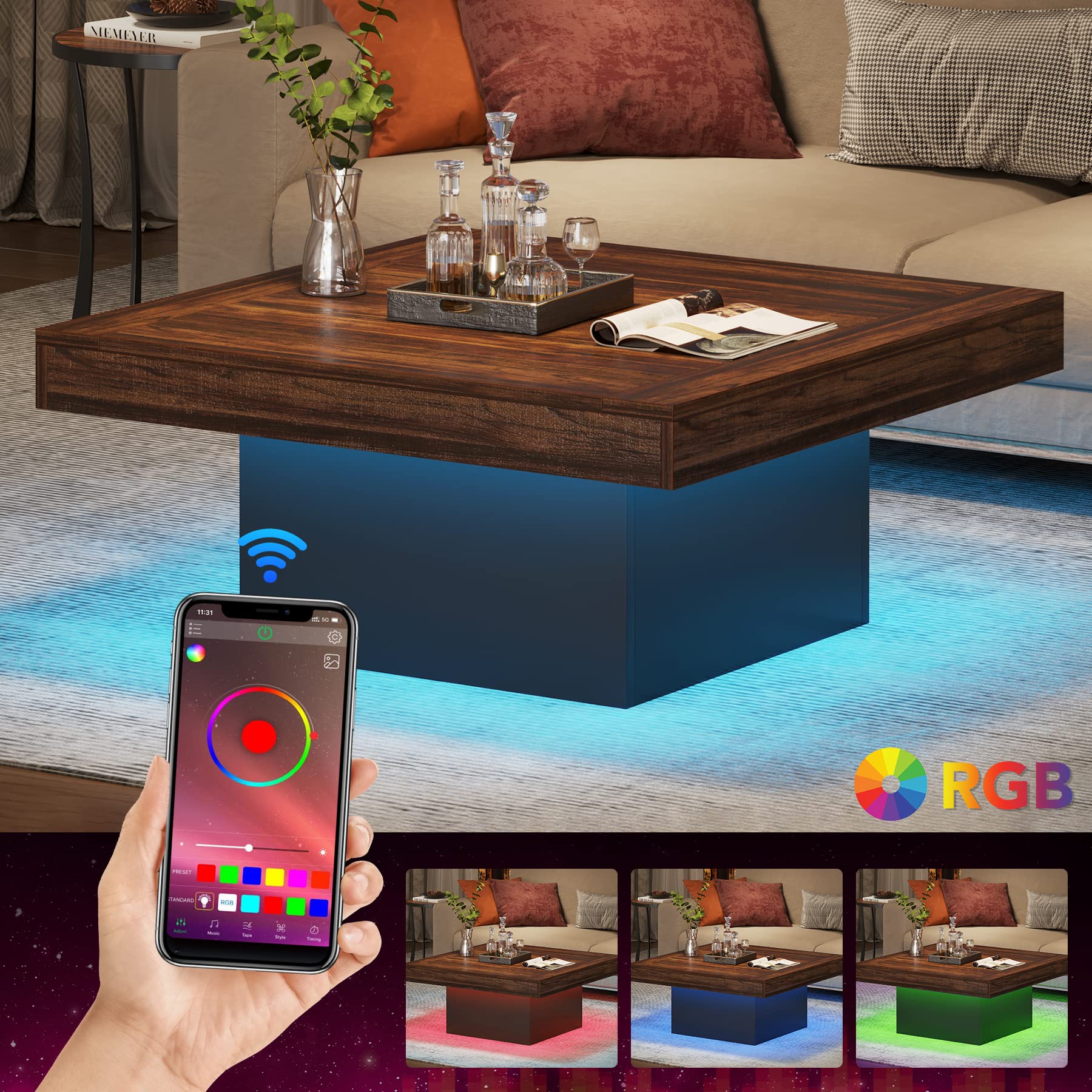 Farmhouse Coffee Table Square LED Coffee Table Engineered