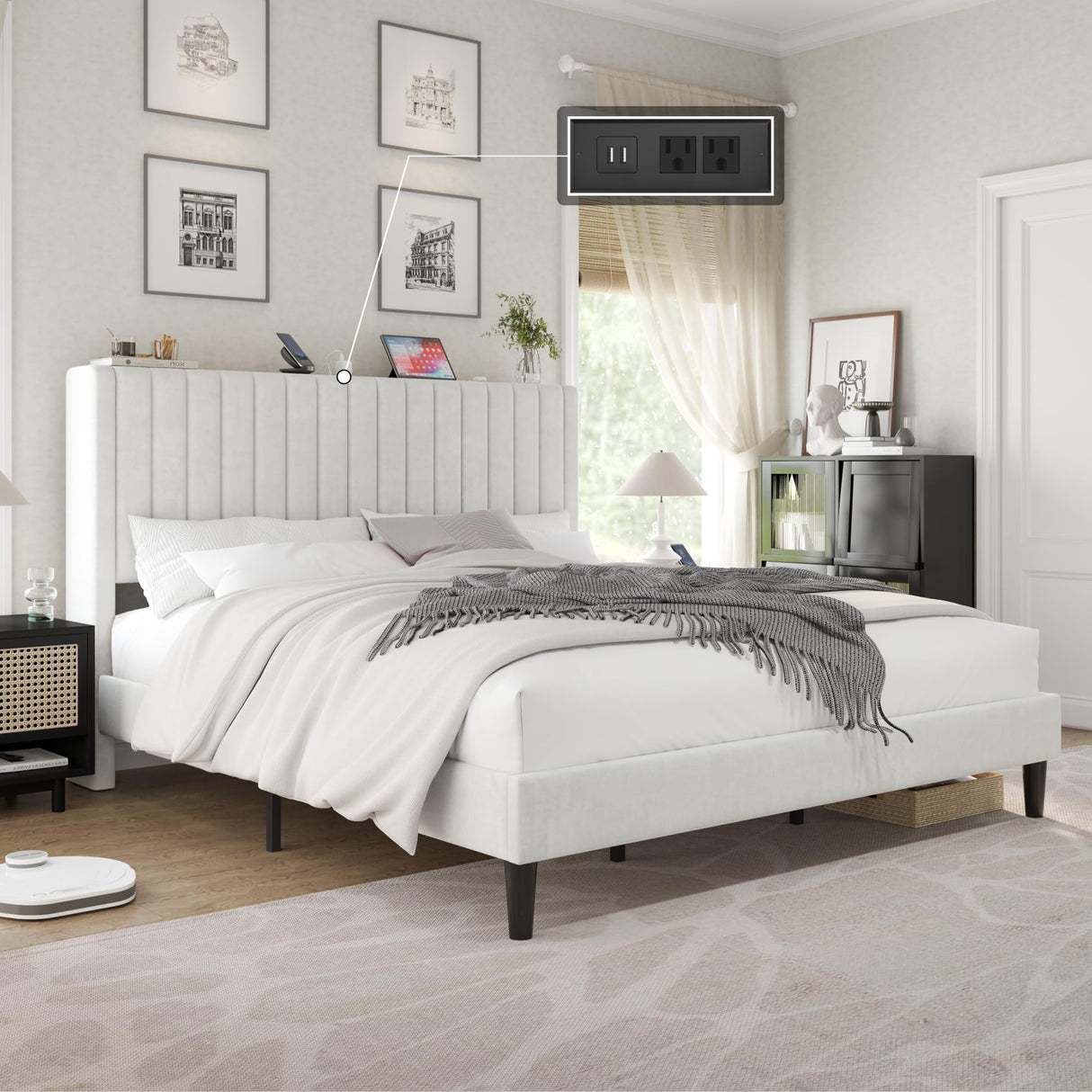 King Size Bed Frame, Velvet Upholstered Platform Bed with Channel Tufted Headboard