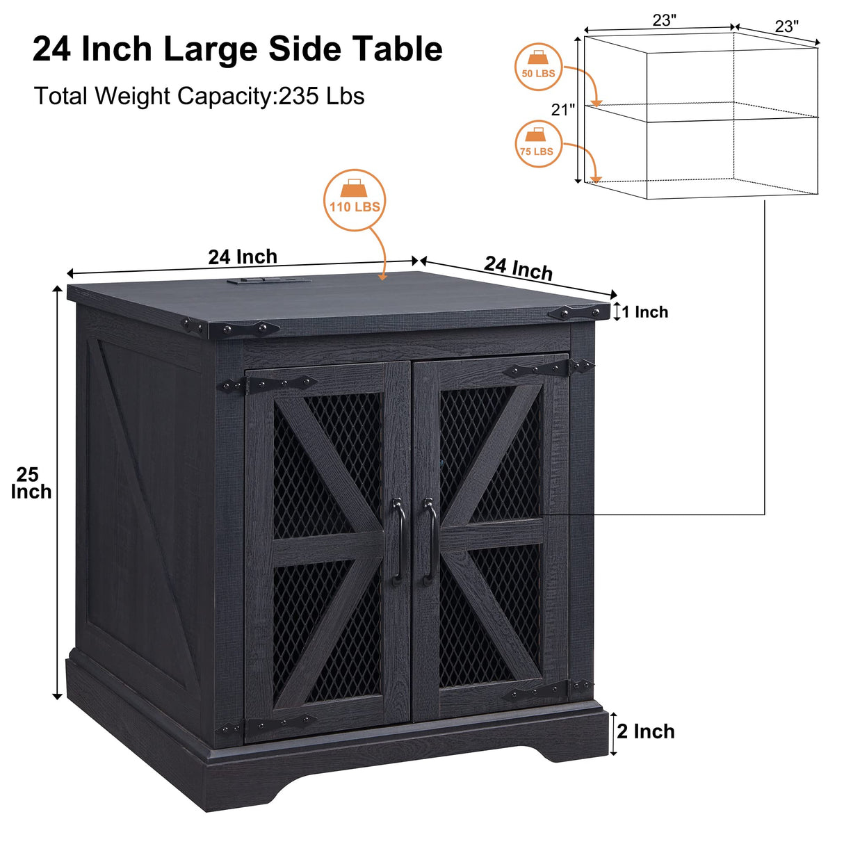 Farmhouse End Table, 24" Large Sofa Side Table with Charging Station