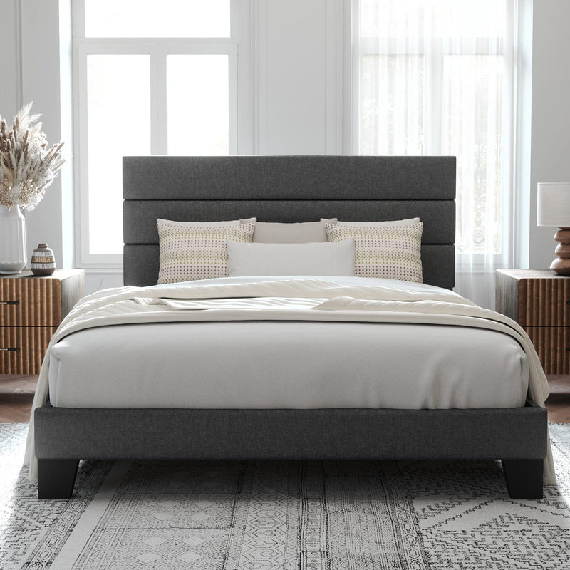 Queen Size Platform Bed Frame with Fabric Upholstered Headboard and Wooden Slats Support