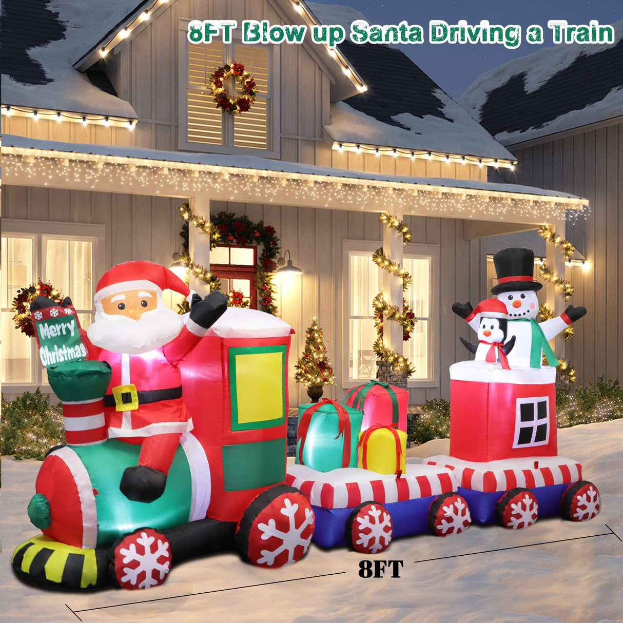 8 FT Christmas Inflatable Train with Santa Claus Snowman Penguin