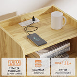 Nightstands Set of 2, Night Stands with Charging Station & PE Rattan Decor Drawer, Bed Side Tables with Solid Wood Feet