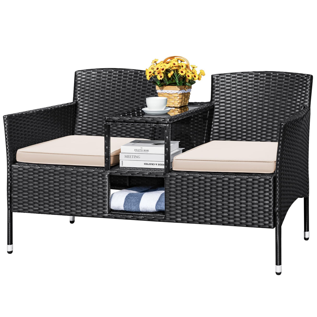 Outdoor Patio Loveseat Modern Rattan 2-Seat Patio Conversation Set