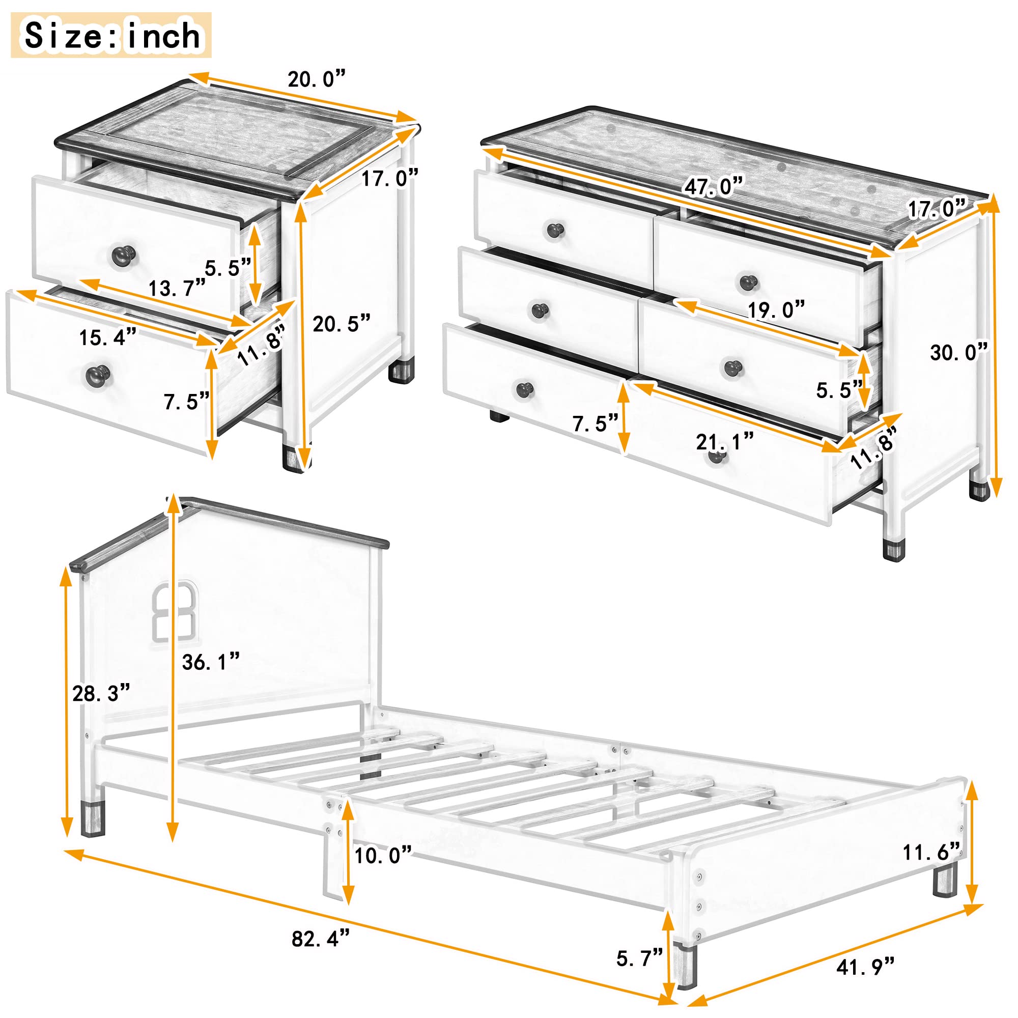 White+Gray 3 Pieces Modern Rustic Wood Furniture Kids House Bed Frame