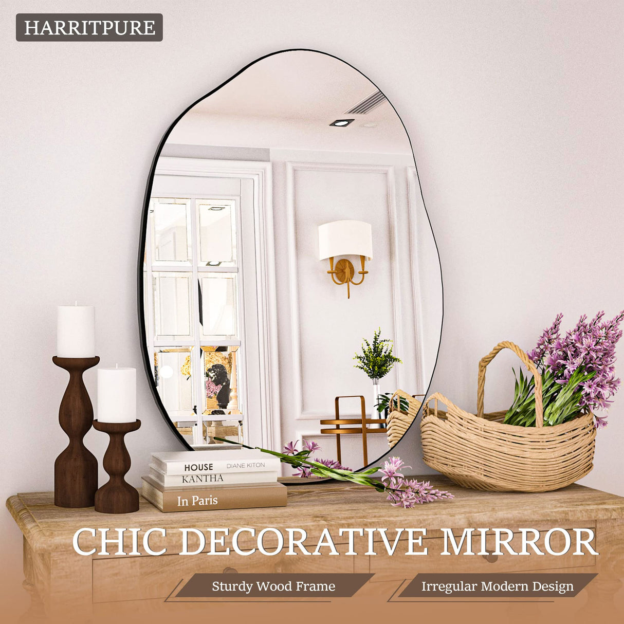 Irregular Wall Mirror Black Asymmetrical Bathroom Mirror Wood Framed Modern Decorative Vanity Mirrors