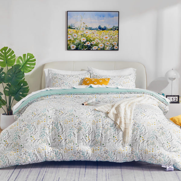Cute Floral Bedding Comforter Sets, 3 Pieces Breathable and Soft Comforter with Pillow