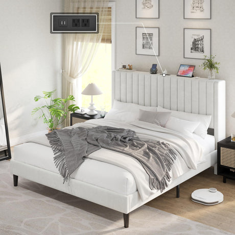 King Size Bed Frame, Velvet Upholstered Platform Bed with Channel Tufted Headboard