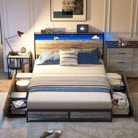 Queen Bed Frame with 4 Drawers & Headboard, Bed Frame with RGB Lights