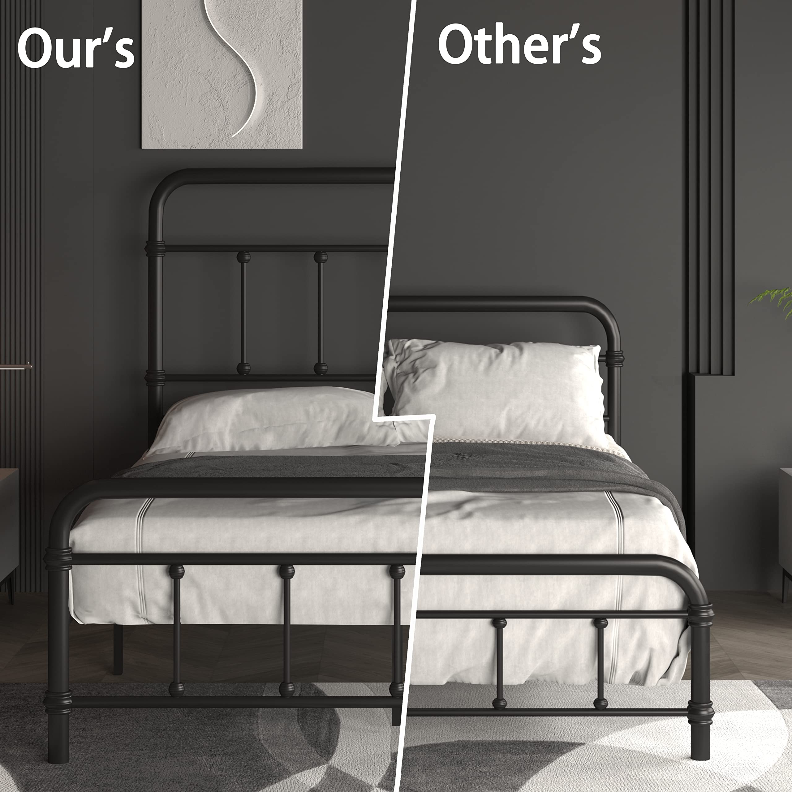 Queen-Bed-Frame-Metal Platform Bed Frame with 49" High-Headboard - Solid Quite Easy