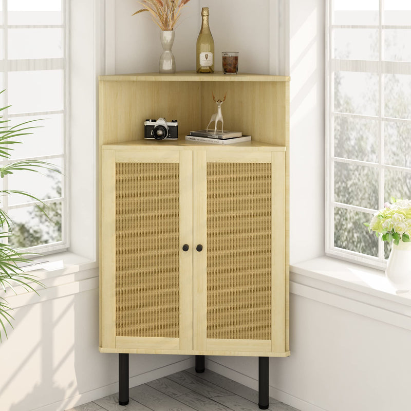 4-Tier Corner Cabinet with Doors & Shelves,Rattan Corner Bar Cabinet