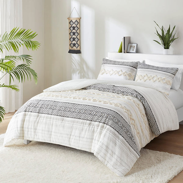 Farmhouse Bedding Comforter Sets King, Ivory Boho Bed Set,Cotton Top with Modern Neutral Style Clipped Jacquard Stripes