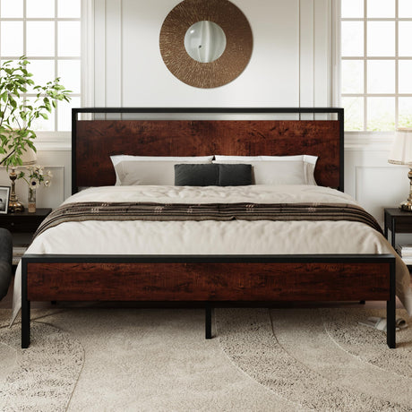 King Size Platform Bed Frame with Wooden Headboard and Footboard