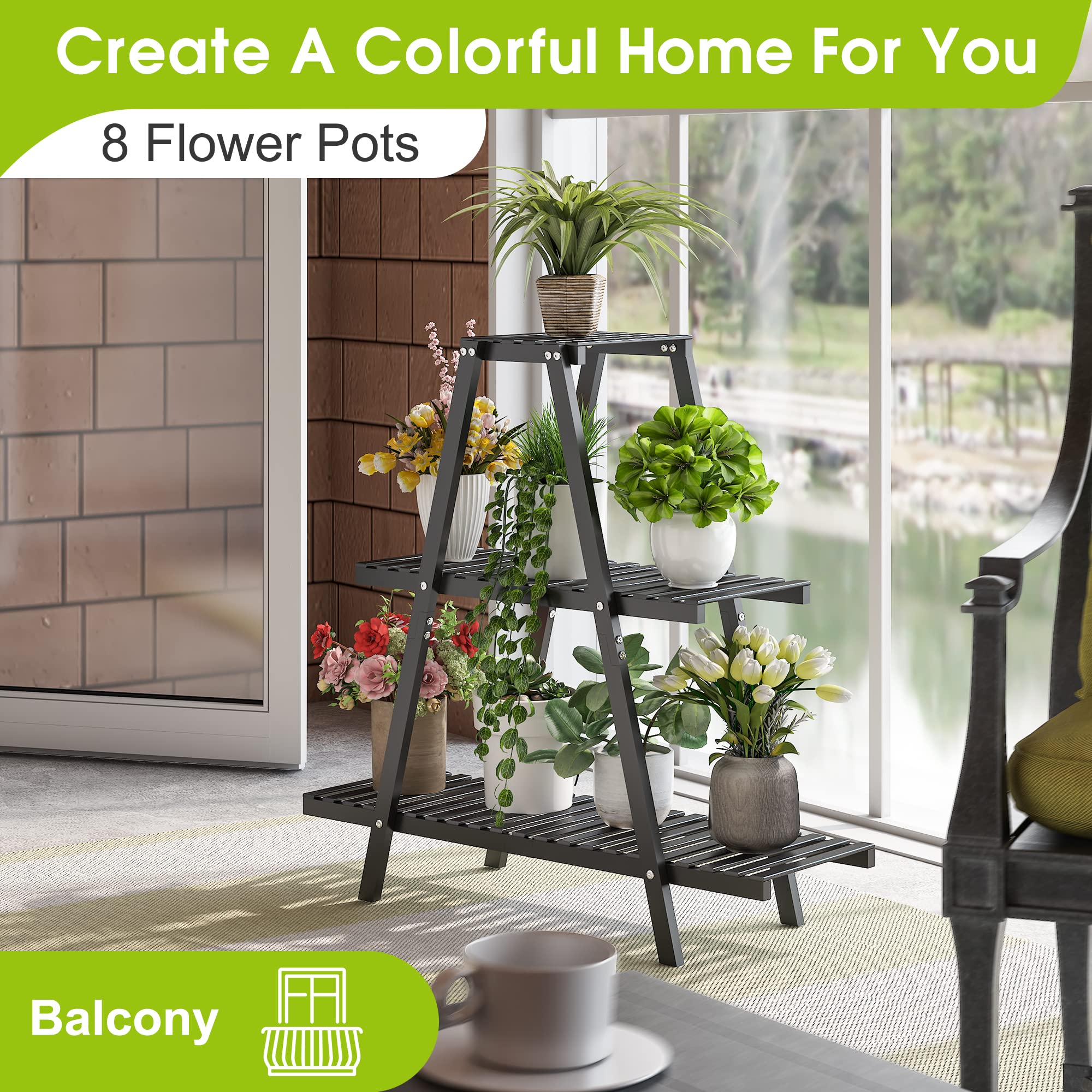 BMOSU 3-Tier Bamboo Plant Stand – Triangular Black Display Rack