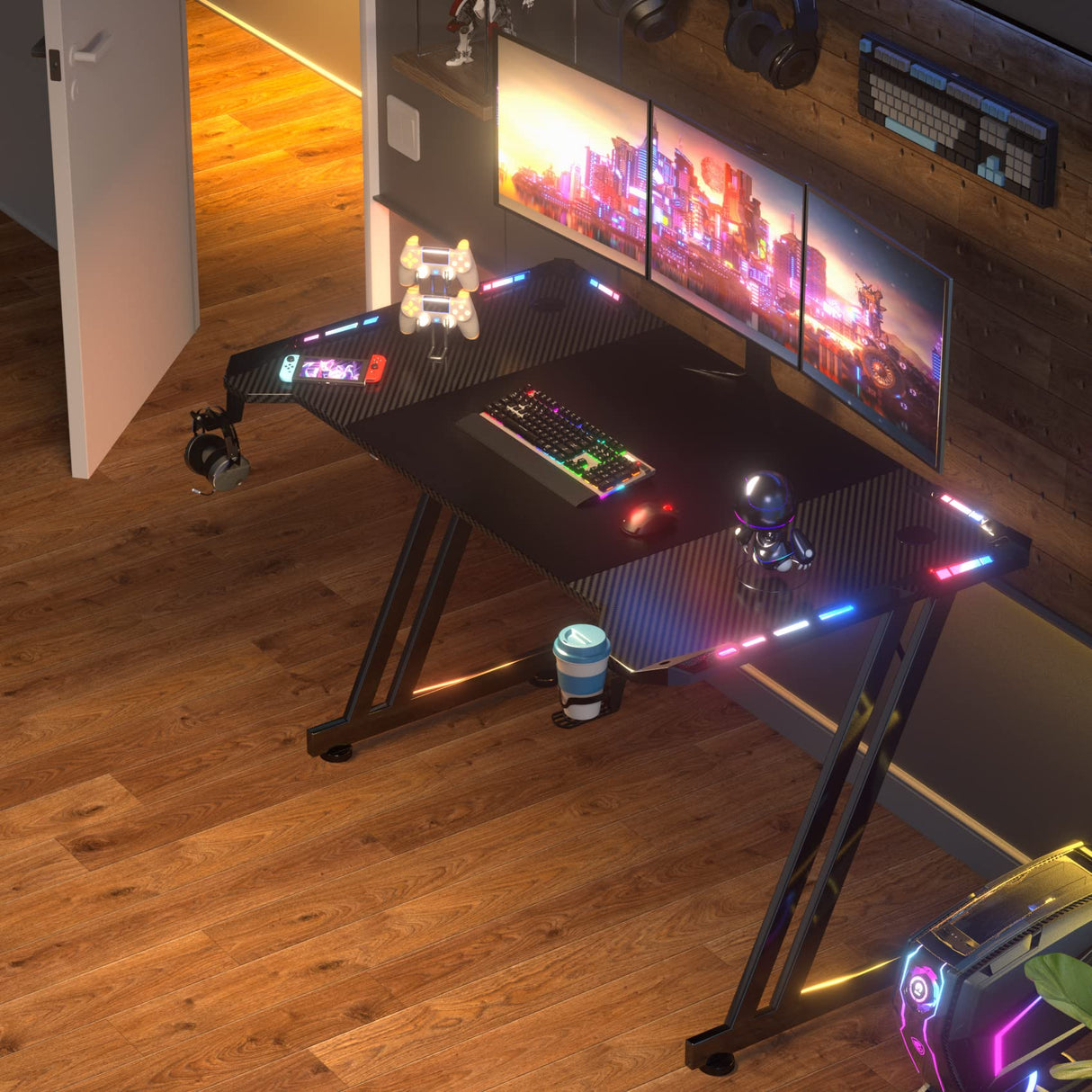 47 Inch Gaming Desk with LED Lights Carbon Fibre Surface Gaming Table