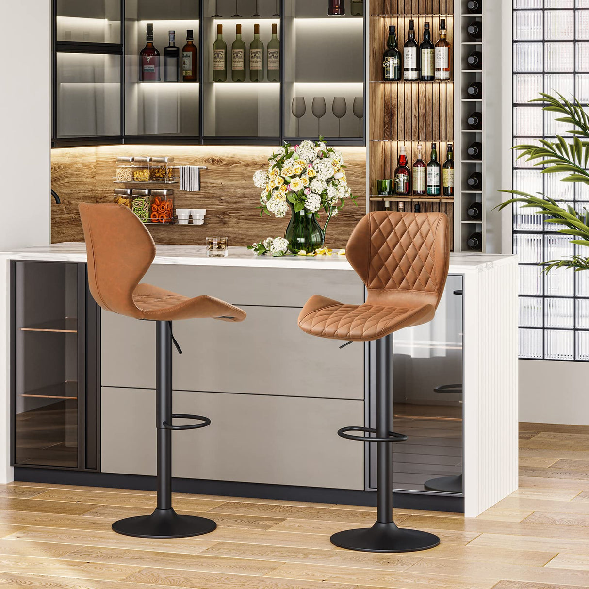 Leather Bar Stools Set of 2 Brown Adjustable Bar Stools