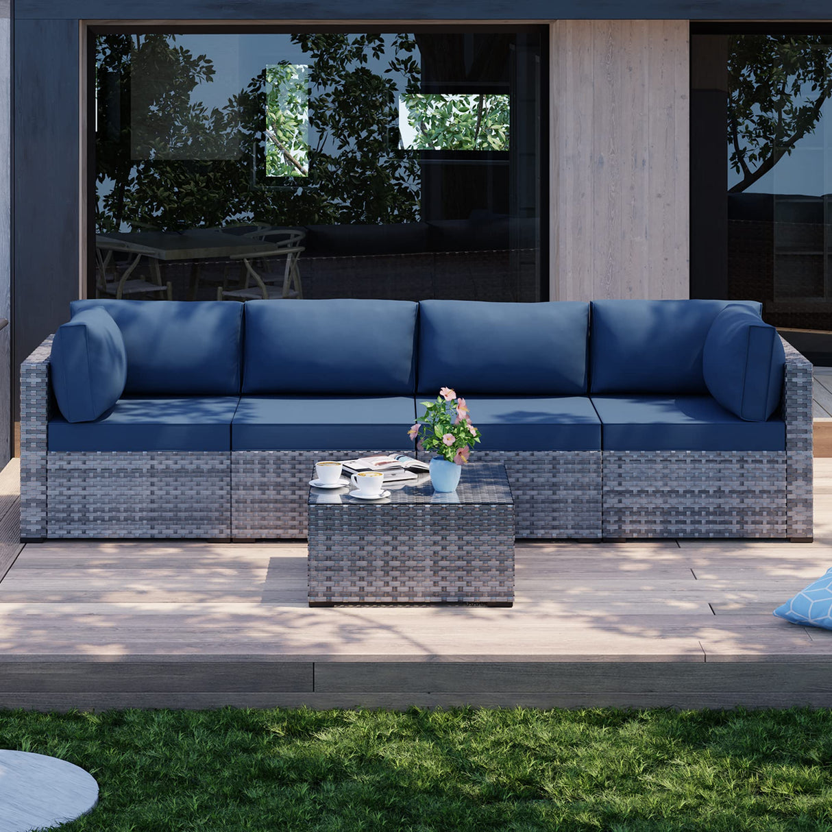 5 Pieces Outdoor Patio Sectional Sofa Couch, Silver Gray PE Wicker Furniture